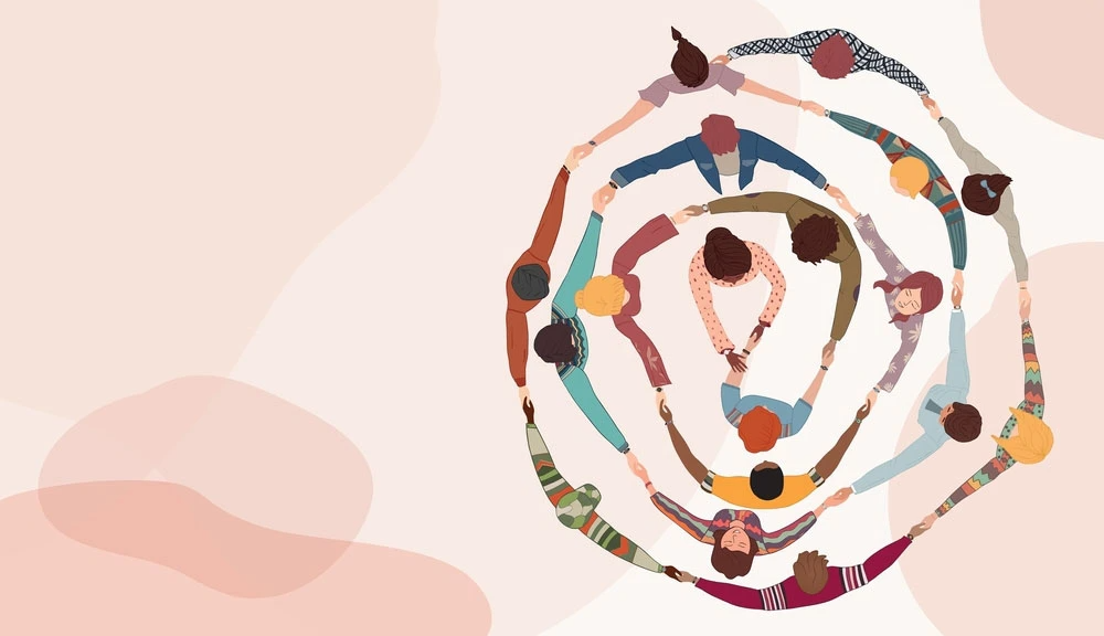 Illustration of people holding hands in a spiral