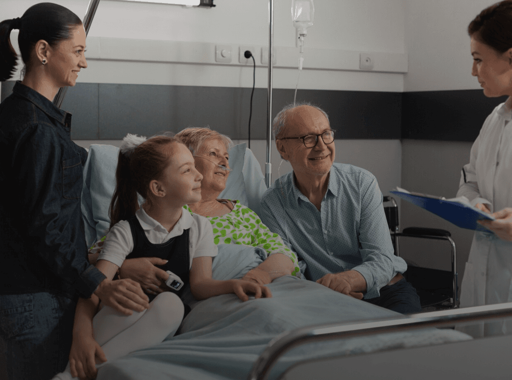 A family with a clinician in a care setting
